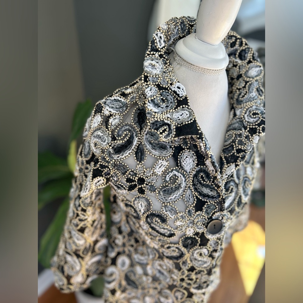 DAMEE Swing Jacket Mesh metallic Gray velour ribbon Fleur Di Lis NWT Formal